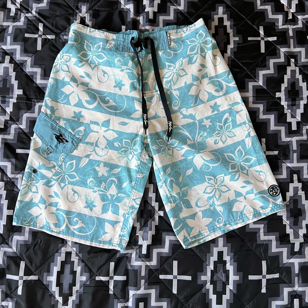 Maui and Sons Blue and White Board Shorts with Dinosaur Print